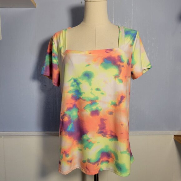 Eye Candy 1X Orange Green Bright Colorful Tie Dye Square Neck Shortsleeve Tee - Picture 1 of 9